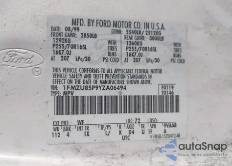 2000 Ford Explorer Limited z USA, uszkodzony, nr VIN 1FMZU85P9YZA06494